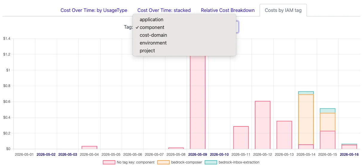 CloudPouch Costs by IAM tag tab showing a Bedrock cost chart and selectable IAM principal tag keys.