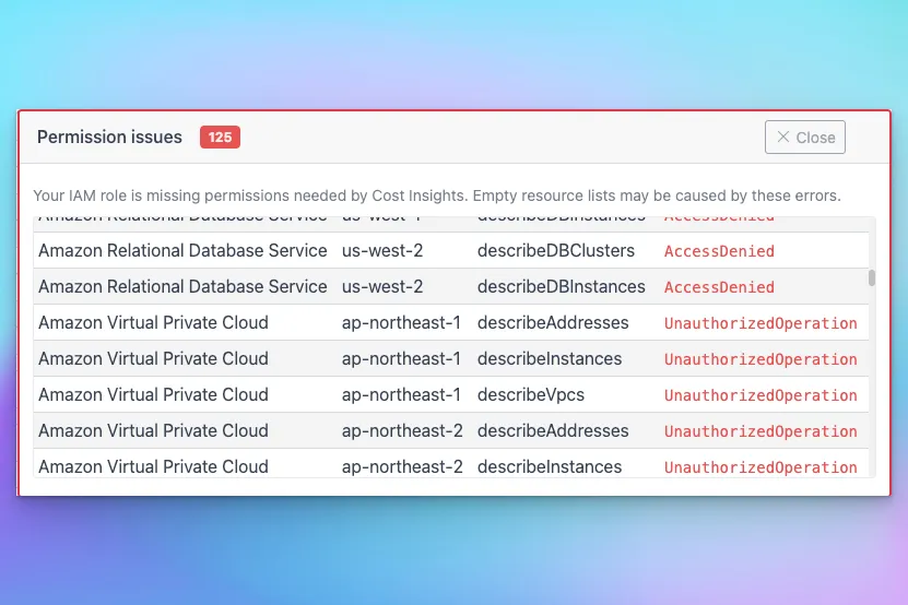 CloudPouch permission issues panel showing the service, region, API operation, and error code for each missing permission.
