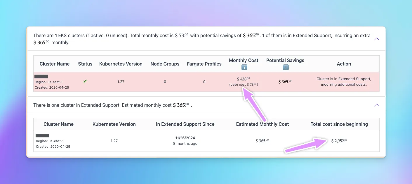 CloudPouch EKS Extended Support result showing a cluster in Extended Support and the estimated monthly support charge.